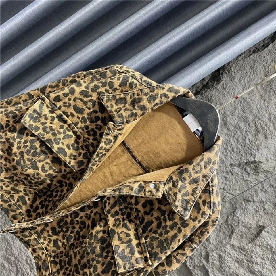 Girls Spring and Autumn Leopard Pattern Cowboy Short Coat Korean Fashion Large Pocket Loose Casual Versatile Denim Coat