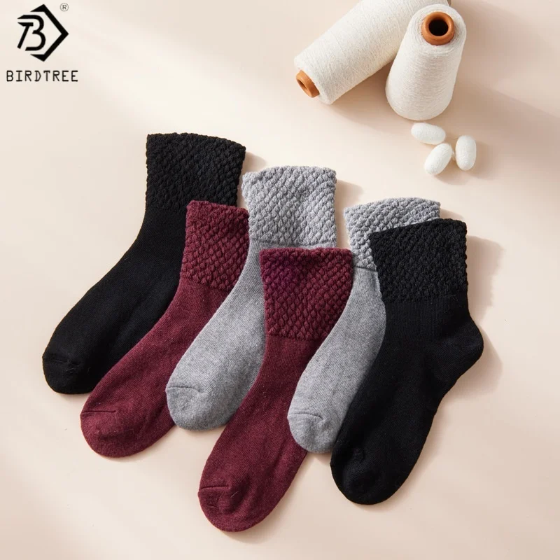 Birdtree, 3 Pairs Silk Blended Socks, Women's Breathable Warmth Socks, Mid Length, High Elastic, Spring Summer Autumn S69509JF