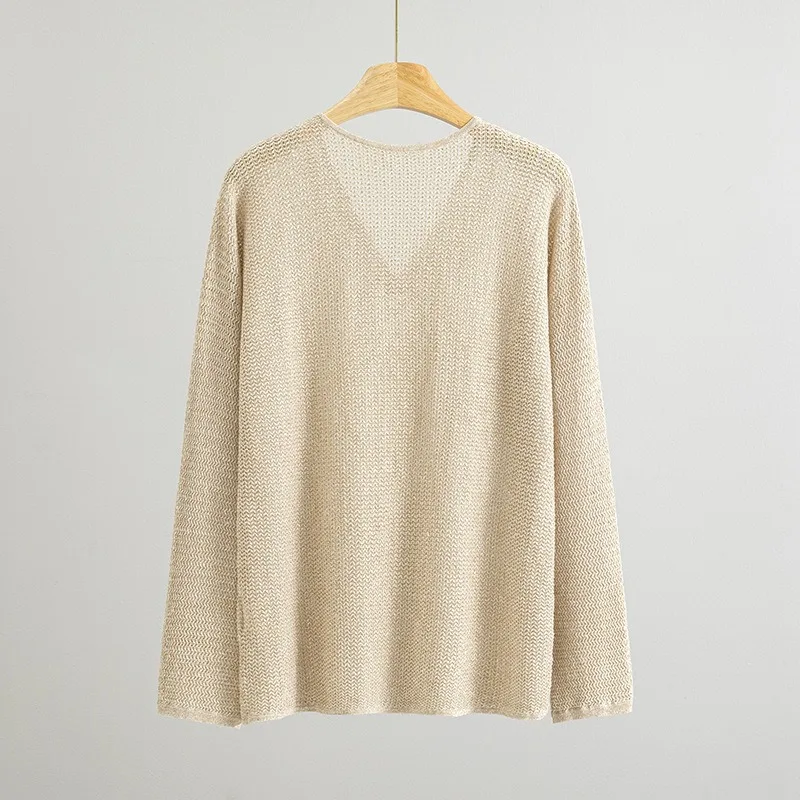 Linen Openwork Jacquard Scissor Collar Cool and Breathable Knit Cover-up Women Tops