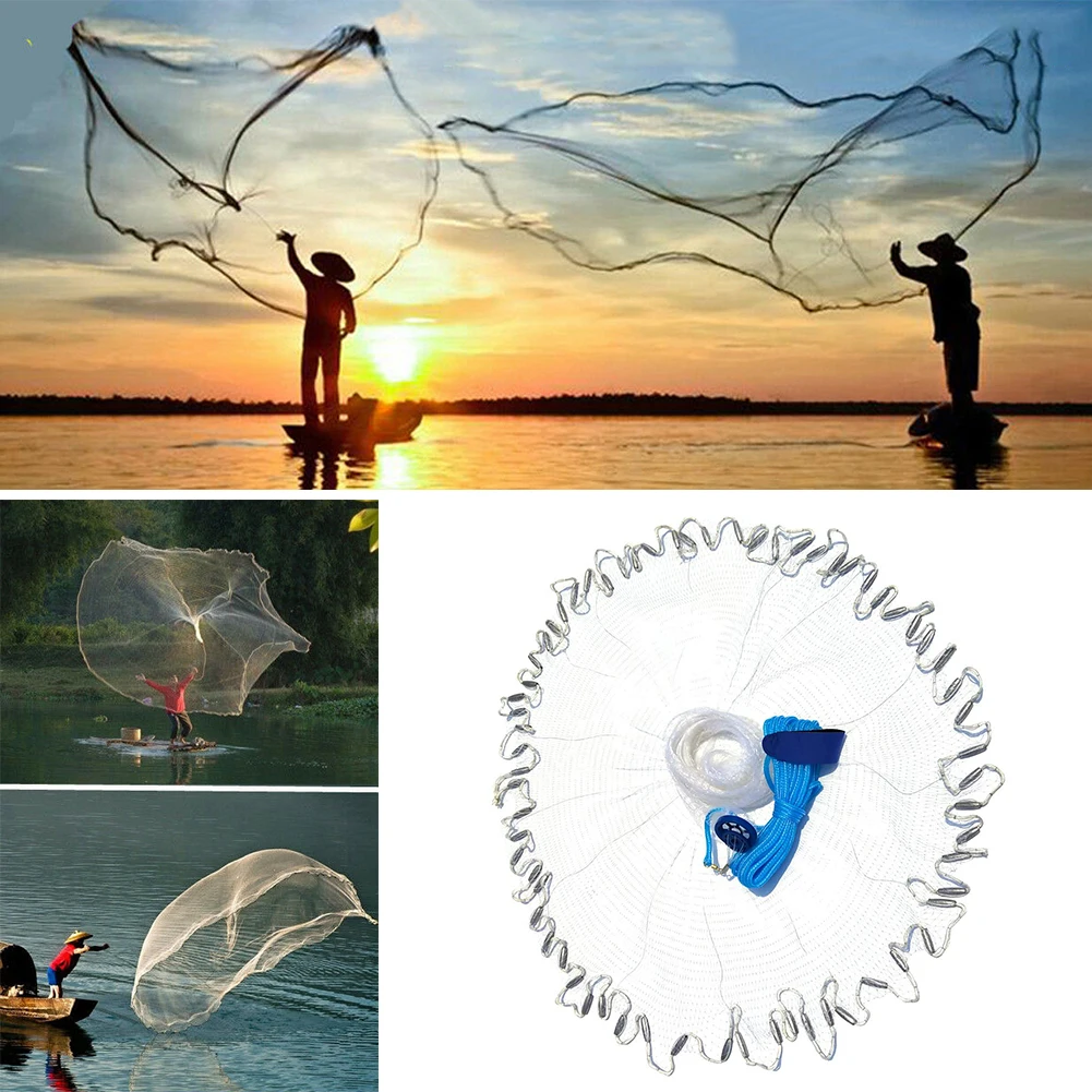 Fishing Cast Nets With Sinker 2.4m/3.6m/4.8m Radius Hand-Throwing Fish Trap Nets Heavy American Network With Shrimp Basket