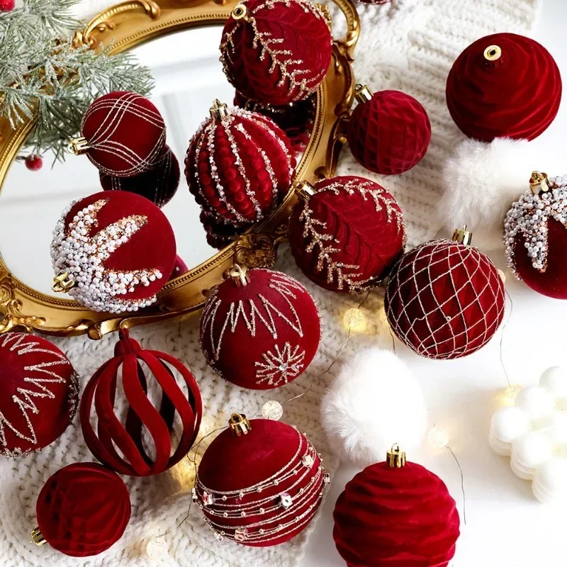 

Christmas Tree Decoration Ball Christmas Painting Ball Flocking Dark Red Christmas Ball Pearl DIY Hanging Scene Layout Decor