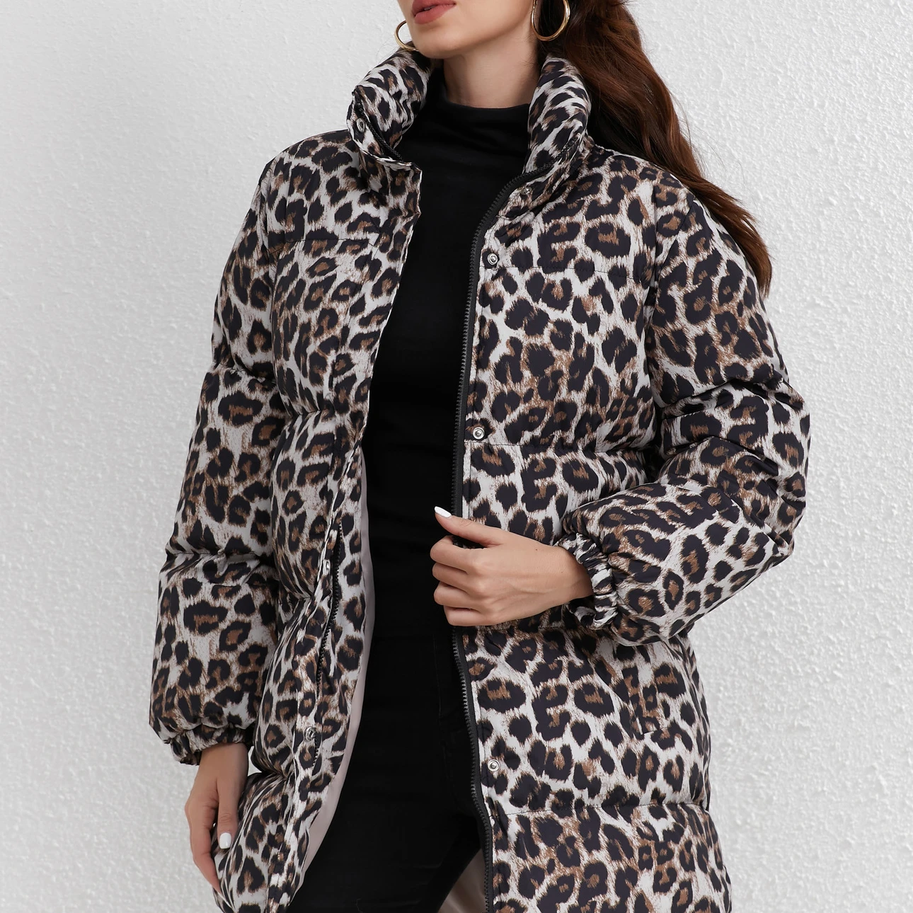 Retro Y2k Estampado de leopardo Otoño e Invierno Estilo perezoso Cuello alto Suelto Casual Versátil Abrigo largo Chaqueta de algodón