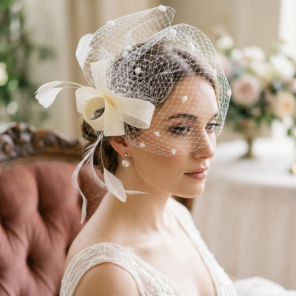1pc Bird Feather Bridal Veil Elegant Mesh Bow Hair Clip for Wedding Photography Vintage Ceremony Party Headpiece Accessory