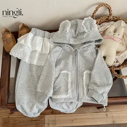 Autumn Children Girls 2PCS Clothes Set Cotton Hooded Lace Rabbit Ears Pocket Coat Ruffle Loose Pants Suit Toddler Girls Outfits