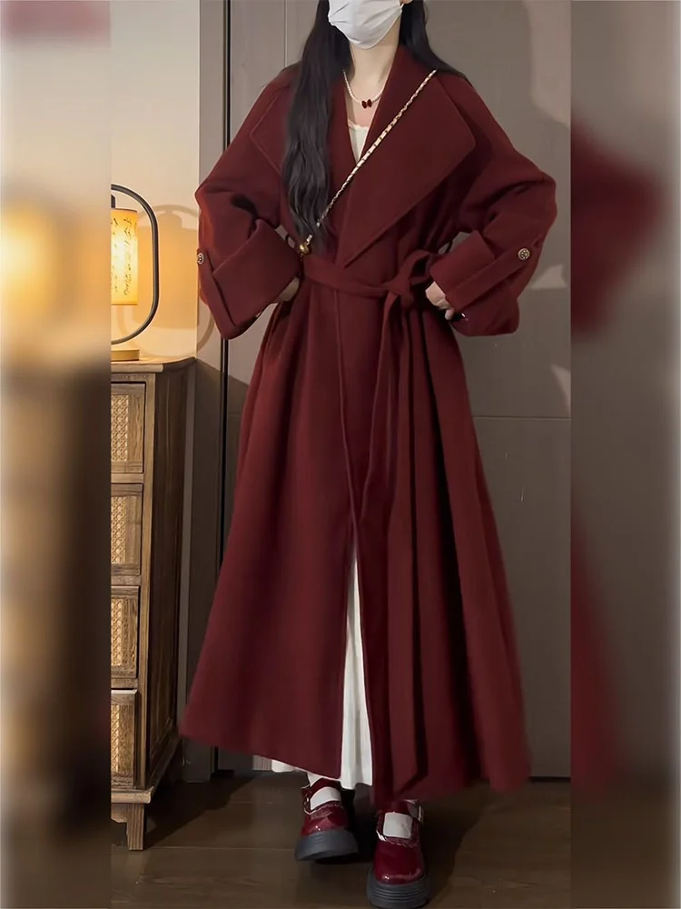 

Красное длинное шерстяное пальто Ele Vintage Sle: Новогодняя модная женская зимняя верхняя одежда премиум-класса из полиэфирного волокна