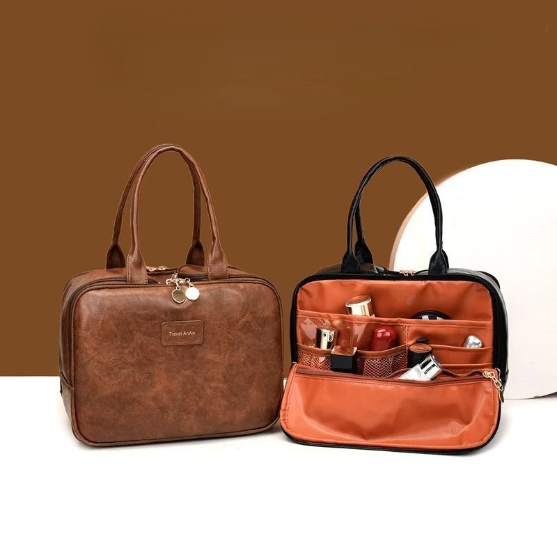 Retro Solid Color Handbag Women Clean Large Capacity  Makeup Bag Ladies Portable Multifunctional Multi Compartment Toiletry Bags