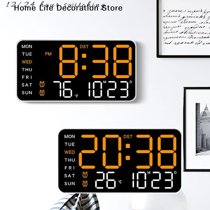 Large Digital Wall Clock with 7Colors Mood Light 2 Alarm TEMP Humidity Date Table Clock 12/24H Timing Countdown LED Alarm Clock