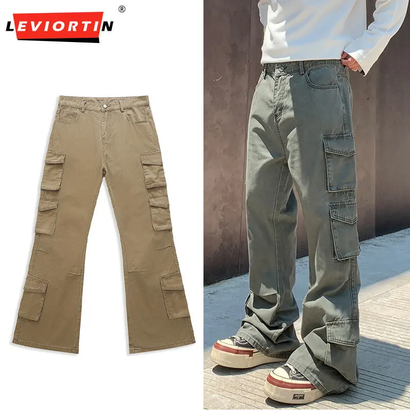 

American Style Cleanfit Slightly Flared Denim Pants For Men And Women High Waist Design Multiple Pockets Washed Work Pants