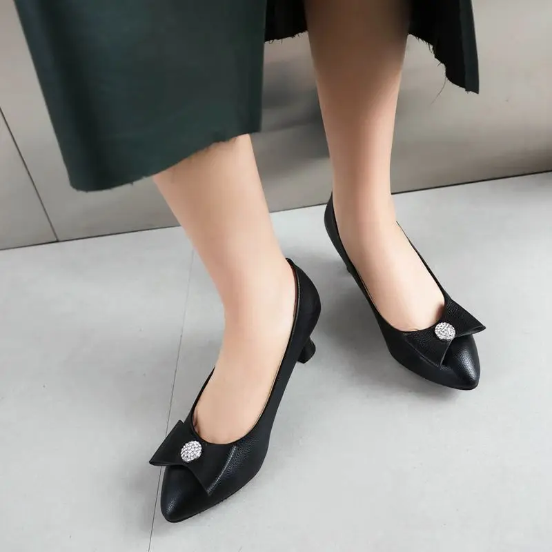 

ORCHA LISA Fashion Elegant Women's Pumps Pointed Toe Small Heel Slip On Bowknot Shallow Black White Big Size 50 Summer Daily