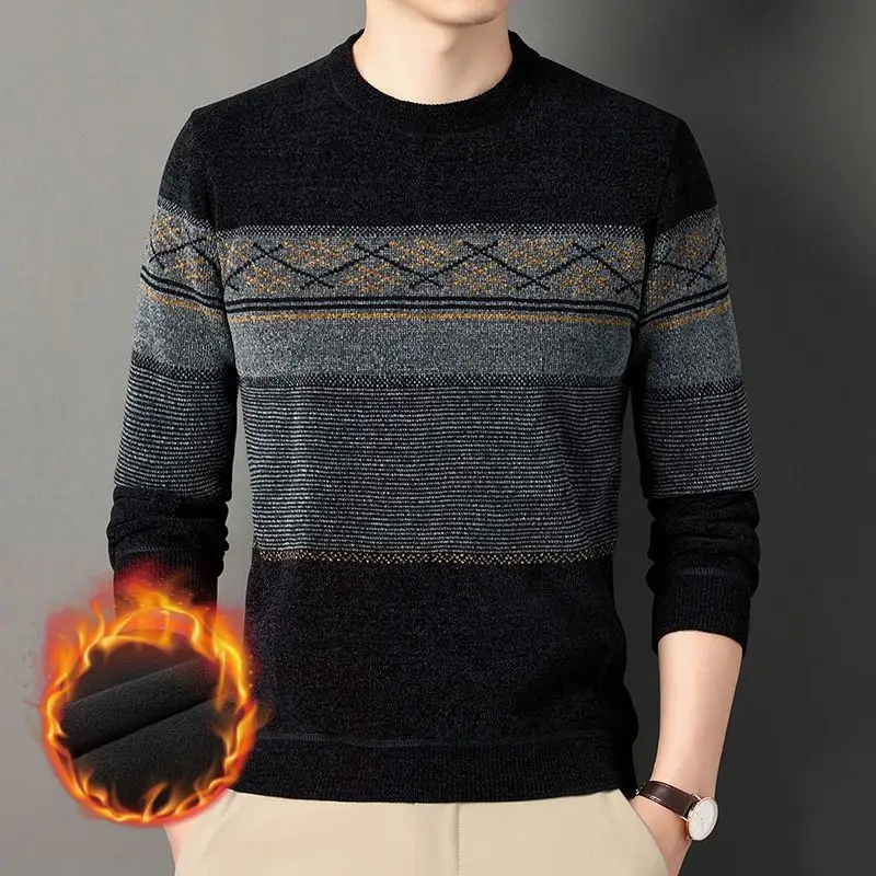 Middle Age Printing Plus Fleece Thicken Sweater Round Neck Men New Long Sleeve Anti-Pilling Casual Knitted Pullover Tops JJ303