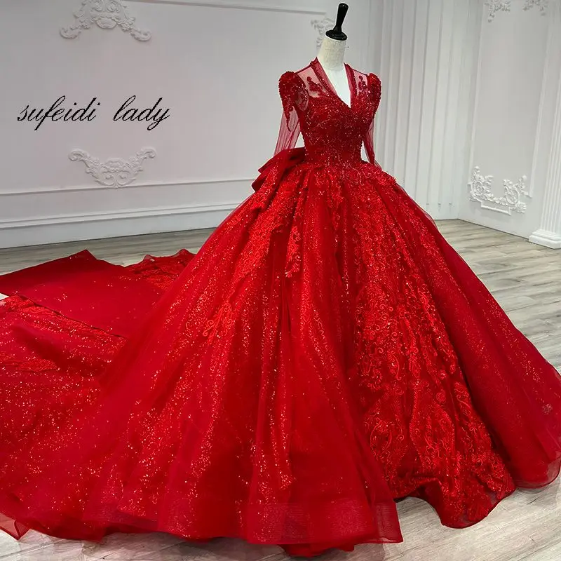 

2022 Red Long Sleeve Wedding Dresses Lace Up Beaded Custom Made Glitter Bridal Dress Women Ball Gown