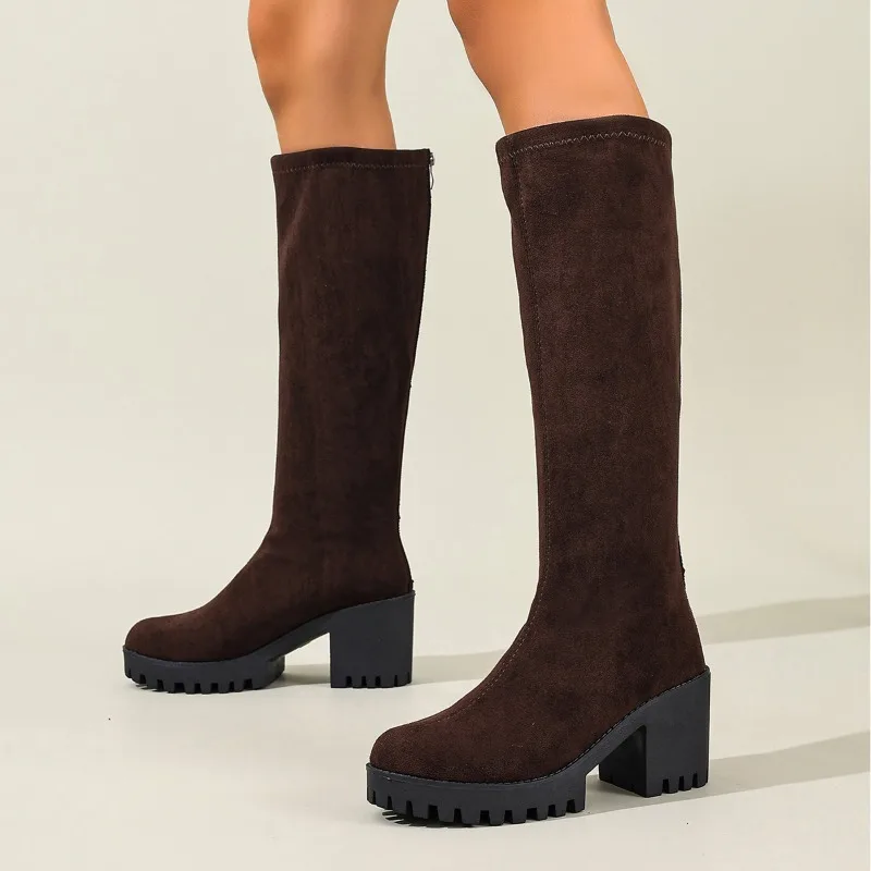 

Хлопковые ботинки на платформе и блочном каблуке. Женские модные замшевые высокие ботинки с круглым носком и молнией сзади. Нескользящие износостойкие высокие ботинки.