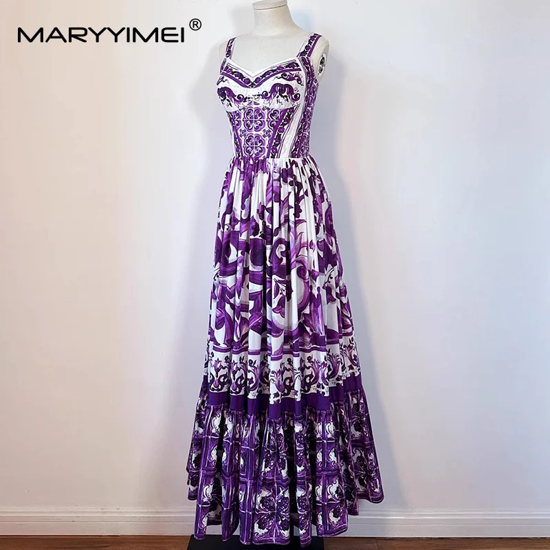 MARYYIMEI カジュアルホリデースタイルの女性のドレススパゲッティストラップバックレスパープルバロックプリントビッグスイングコットンドレス