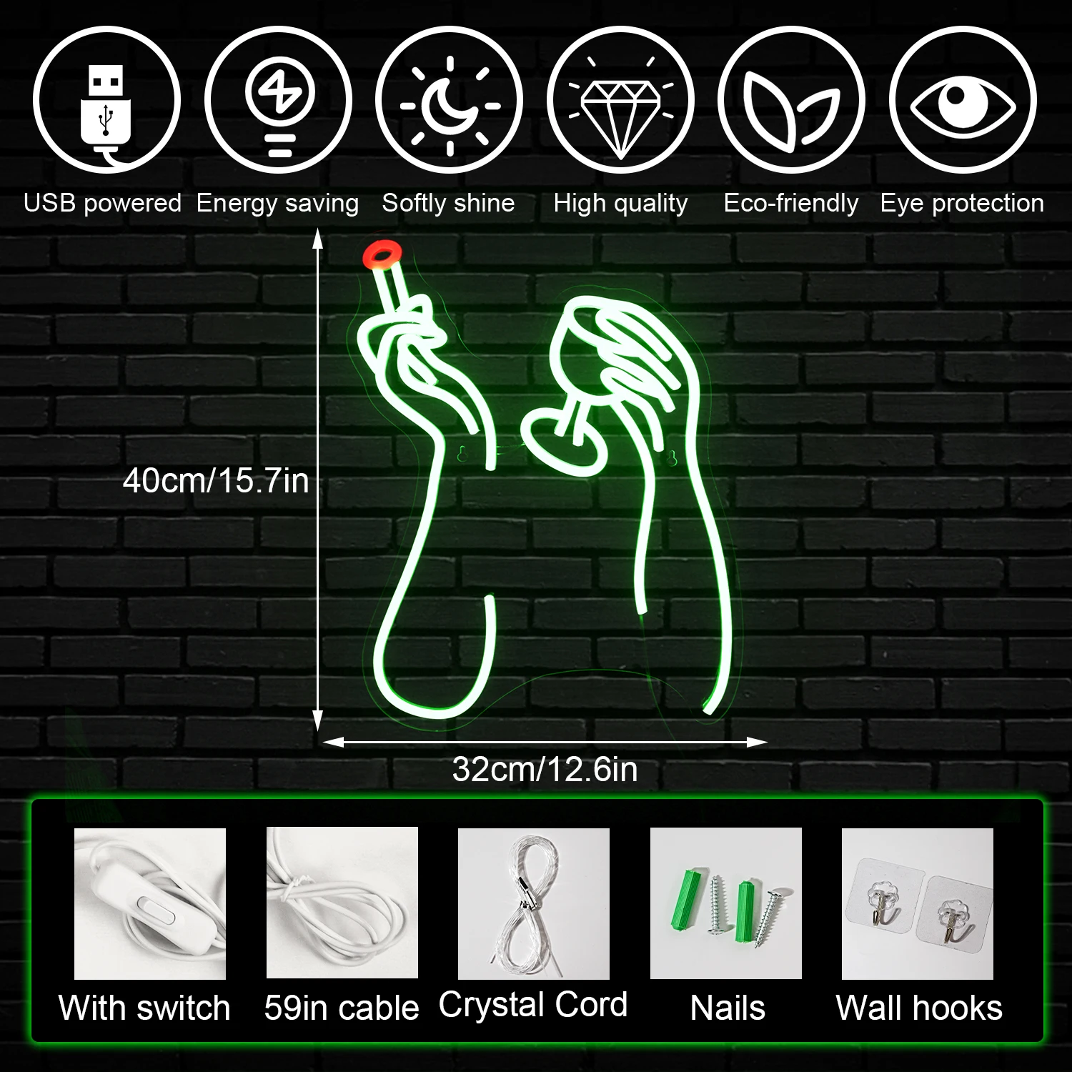 Fumar e beber Sinal de Neon para Wall Decor, Luzes LED verdes, Bar Party, Pub, Decoração do quarto, Light Up Signs, USB Power Lamp