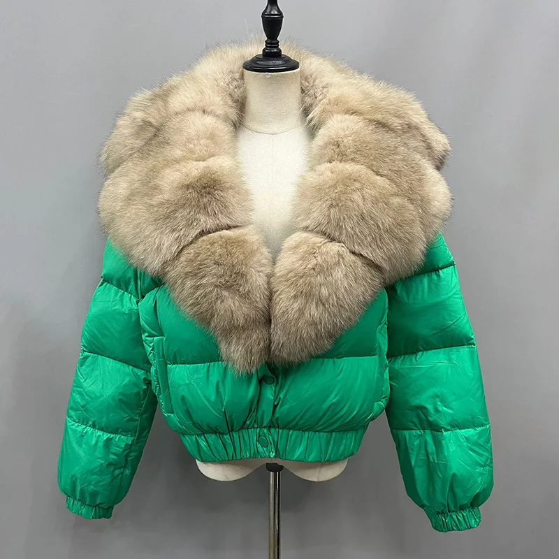 Solto real gola de pele de raposa pato branco para baixo jaqueta feminina inverno luxo puffer casaco oversize pena outwear