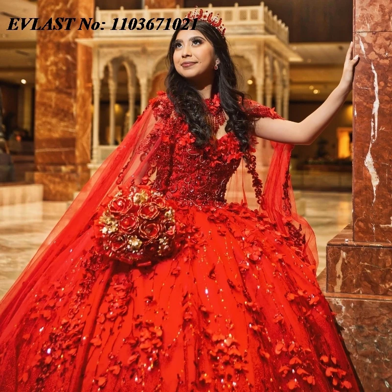 EVLAST-Robe de RhQuinceanera rouge personnalisée, appliques en dentelle florale brillante, perles avec cape, robe Sweet 16, SQ346