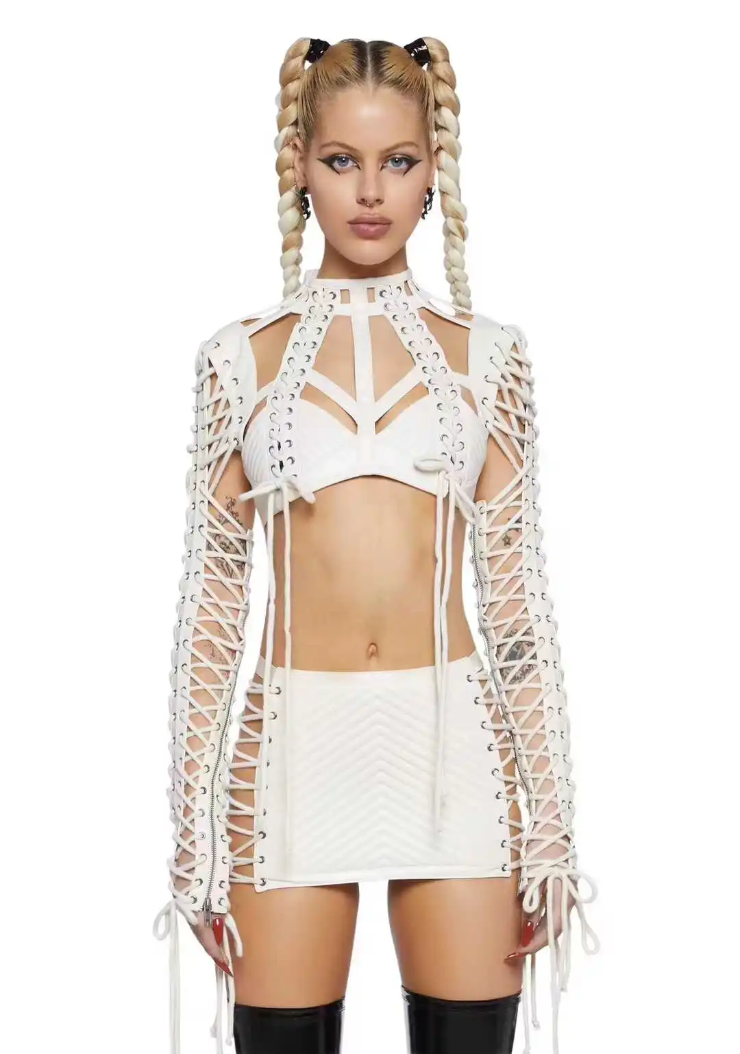 Nowy zestaw skórzanych pasków w stylu gotyckim z wydrążoną diamentową skórzaną krótką spódniczką punkową GOGO strój taneczny Skórzany zestaw klipsów do paska