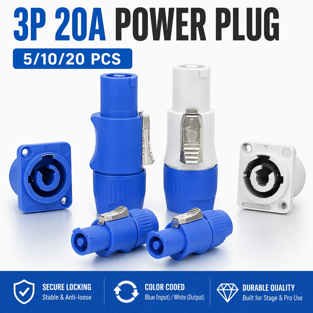 5/10/20PCS  3Pin NAC3FCA NAC3FCB Power Connector LED Speakon Male Female Plug Blue White 20A 250VAC Socket