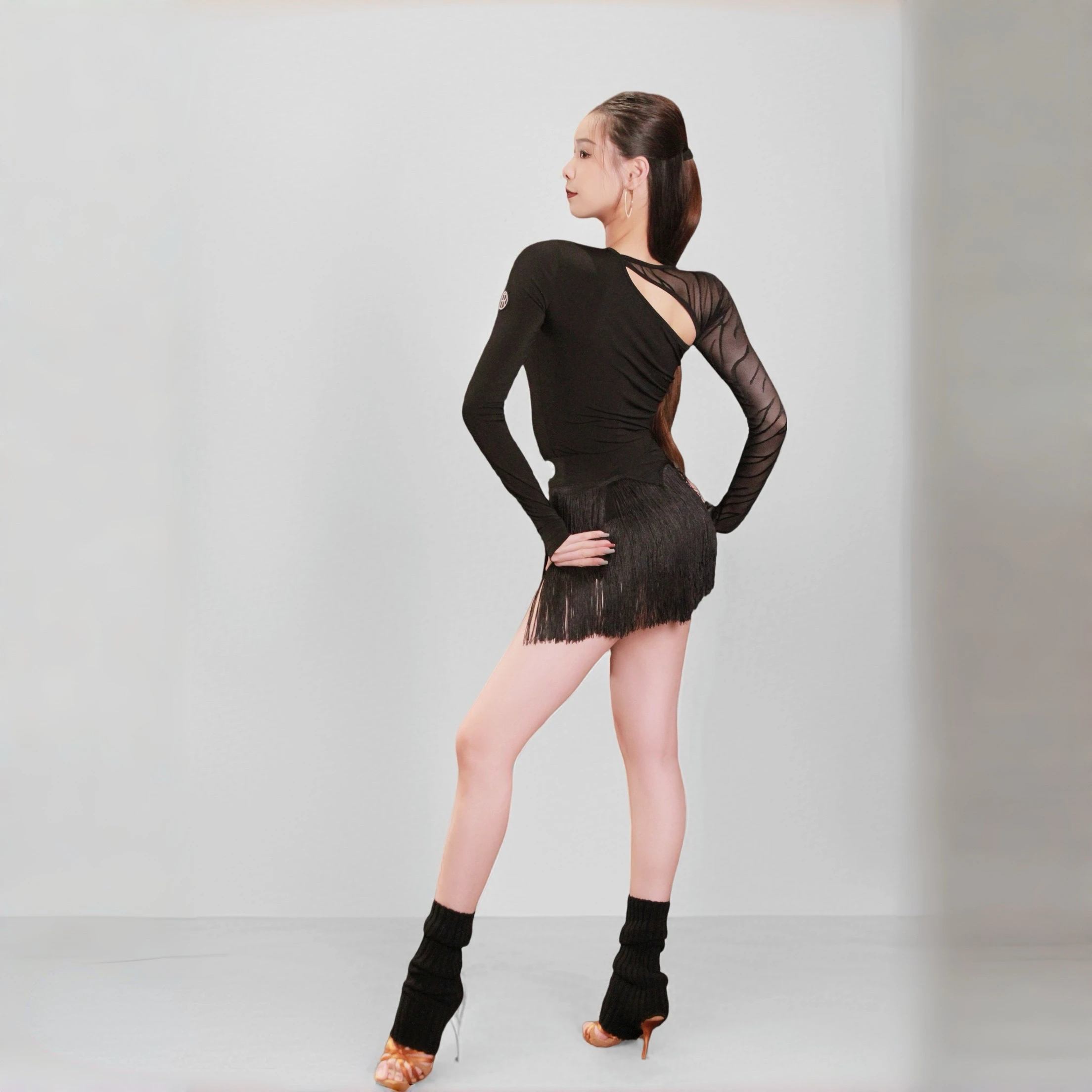 2025 Adult Female Latin Dance Slant Neck Long Sleeve Top Tassels Skirt For Women Rumba Chacha Performance Practice Wear DQL12322