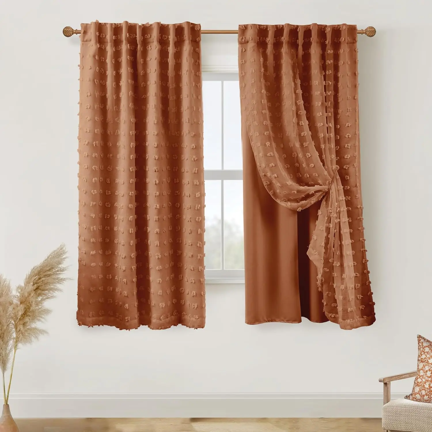 

Thermal Blackout Curtains 72 Inch for Living Room, Rust Boho Heat Blocking Window Panels