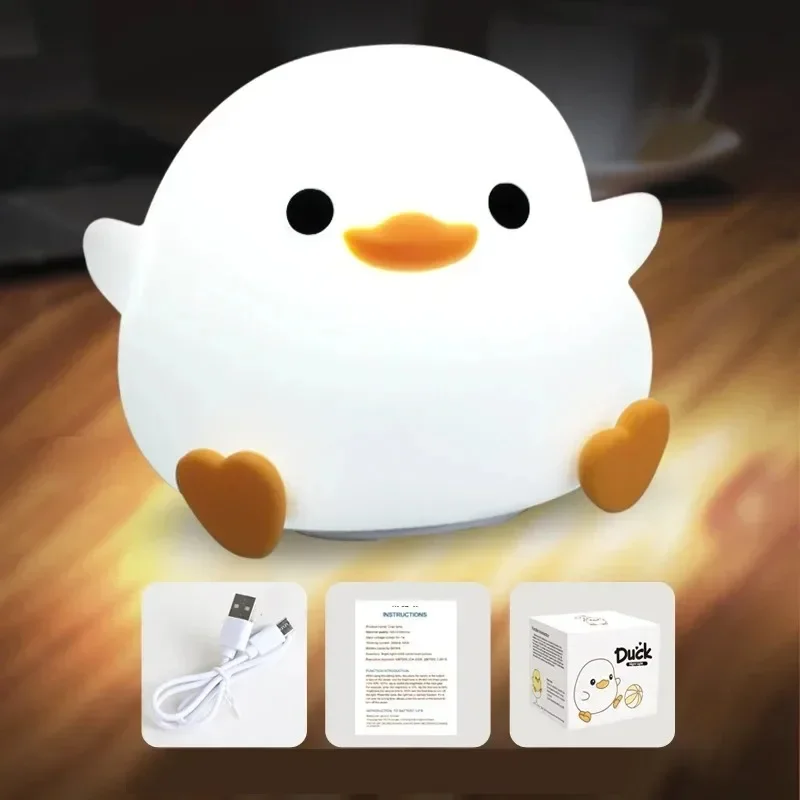 Cute Duck Night Light - LED Cartoon Animal Silicone Lamp for Kids - Touch Sensor, Timer & USB Rechargeable - Children's Room Dec