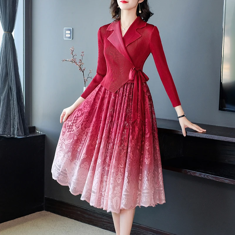 Women Long Dress 2023 Spring Summer New Light Luxury Design Suit Collar Pleated 4/5 Sleeve Office Lady Chic Fake Two Piece Dress