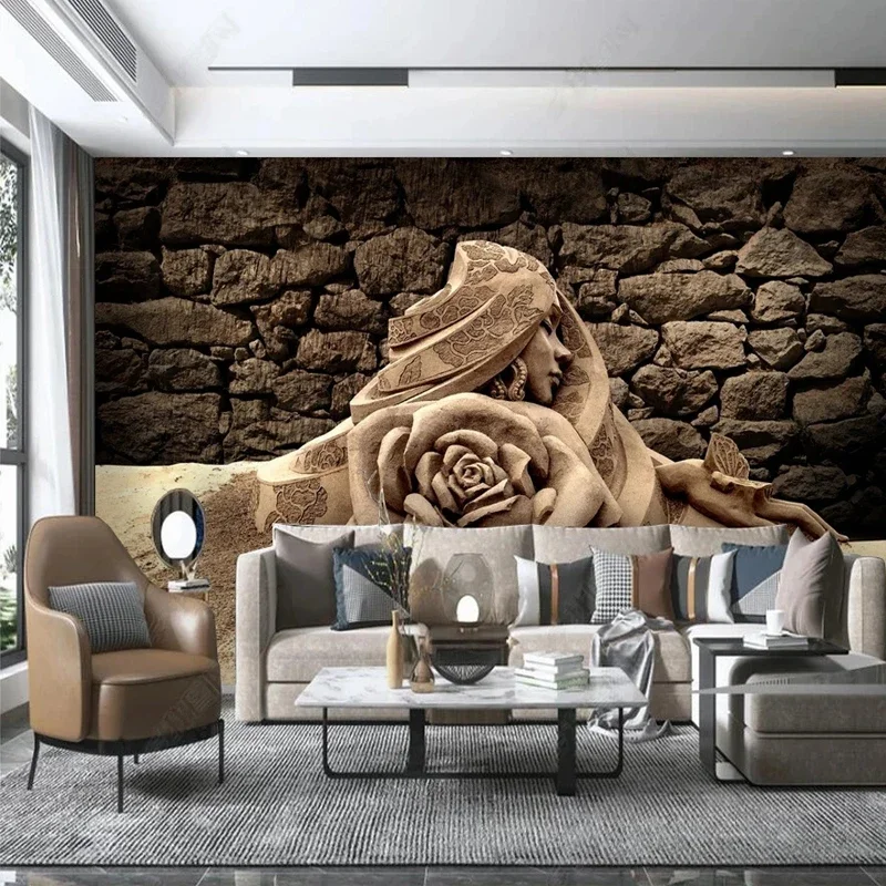 Papel tapiz personalizado de cualquier tamaño, escultura de arena de piedra en relieve 3D Retro, flores rosas de belleza, decoración de pared de