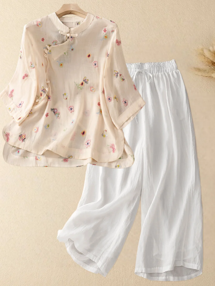 

Весенне-летний новый модный комплект в китайском стиле для женщин: тонкая рубашка с асимметричной вышивкой и широкие брюки из шелка, комплект из двух предметов