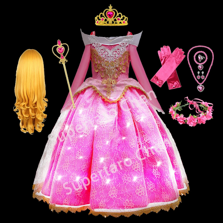 

Girls Sleeping Beauty Princess Glowing Dress Up Children Fancy Kid Cosplay Aurora Luxury Costume Halloween Carnival Mesh Clothes