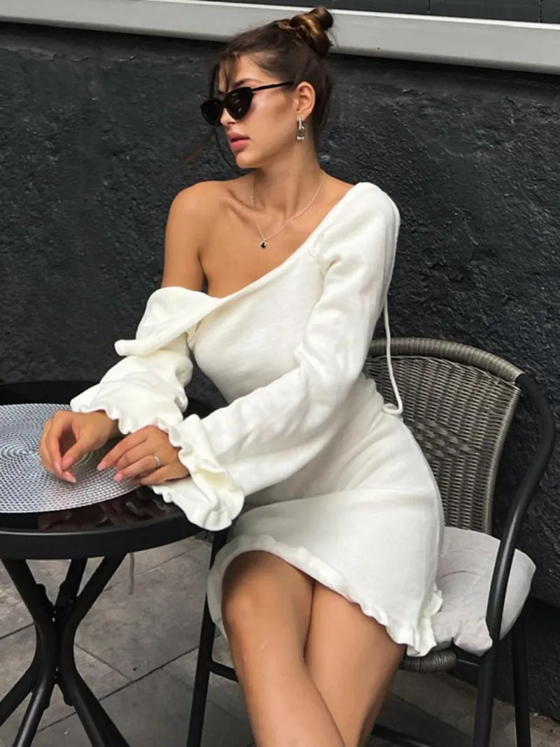 

Fashion Casual Lace-up Backless Long Sleeve Sweater Dress Women's Autumn Hollow Out Knitting Short Holiday Party White Dresses