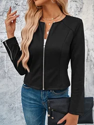 Women's fashionable round neck slim fit top with zippered cuffs, access control zippered cardigan, short jacket