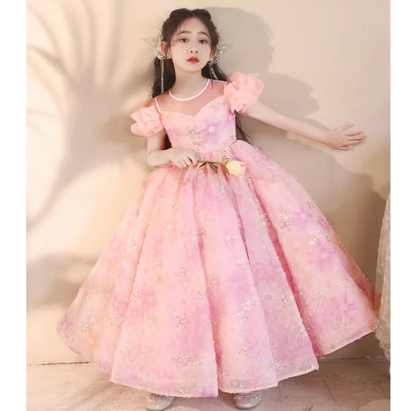 Sequin Children Evening Dresses for Girls 3-10Years Kids Birthday Party Luxury Ball Gown Wedding Prom Formal Pink Flower Dress