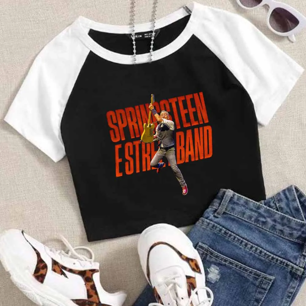 Bruce Springsteen and E Street 2025 Tour Girls Crop Shirts Color blocked short sleeves O-Neck Top