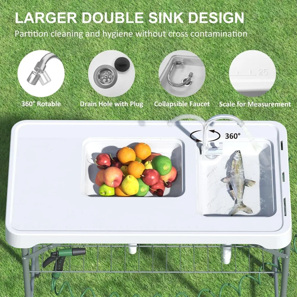 42.5" Fish Cleaning Table with Dual Sink, Portable Folding Camping Table with Faucet, Sprayer, Grid Rack, Hose Hook Up & Knife image 3