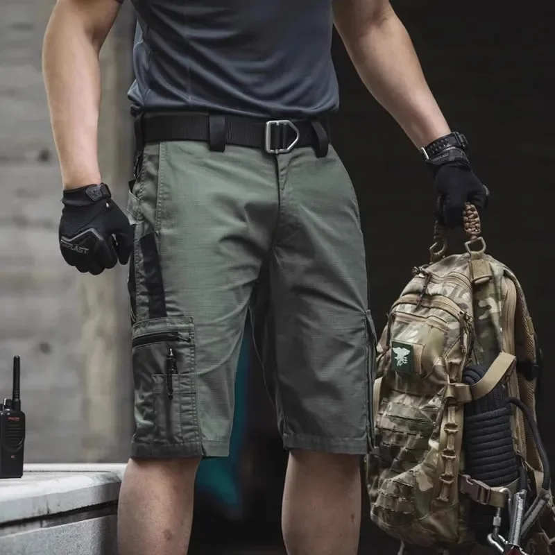 Mens Cargo Shorts Summer Tactical Cropped Trousers Outdoor Waterproof Multi-pocket Bermudas Pants Camo Ripstop Hiking