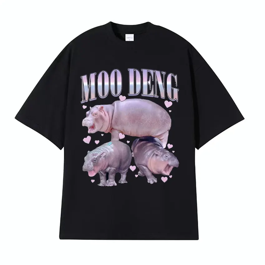 Funny Moo Deng Pink Love Cute Hippo Family Meme T Shirts Unisex Vintage Trend Oversized T-shirt Men High Quality O-Neck T Shirt