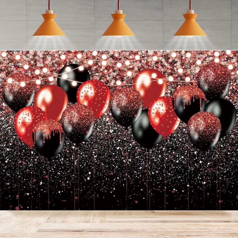 Red And Black Glitter Photography Backdrop Balloons Bokeh Birthday Background Men Women Suitable Prom Party Backdrop Wall Banner