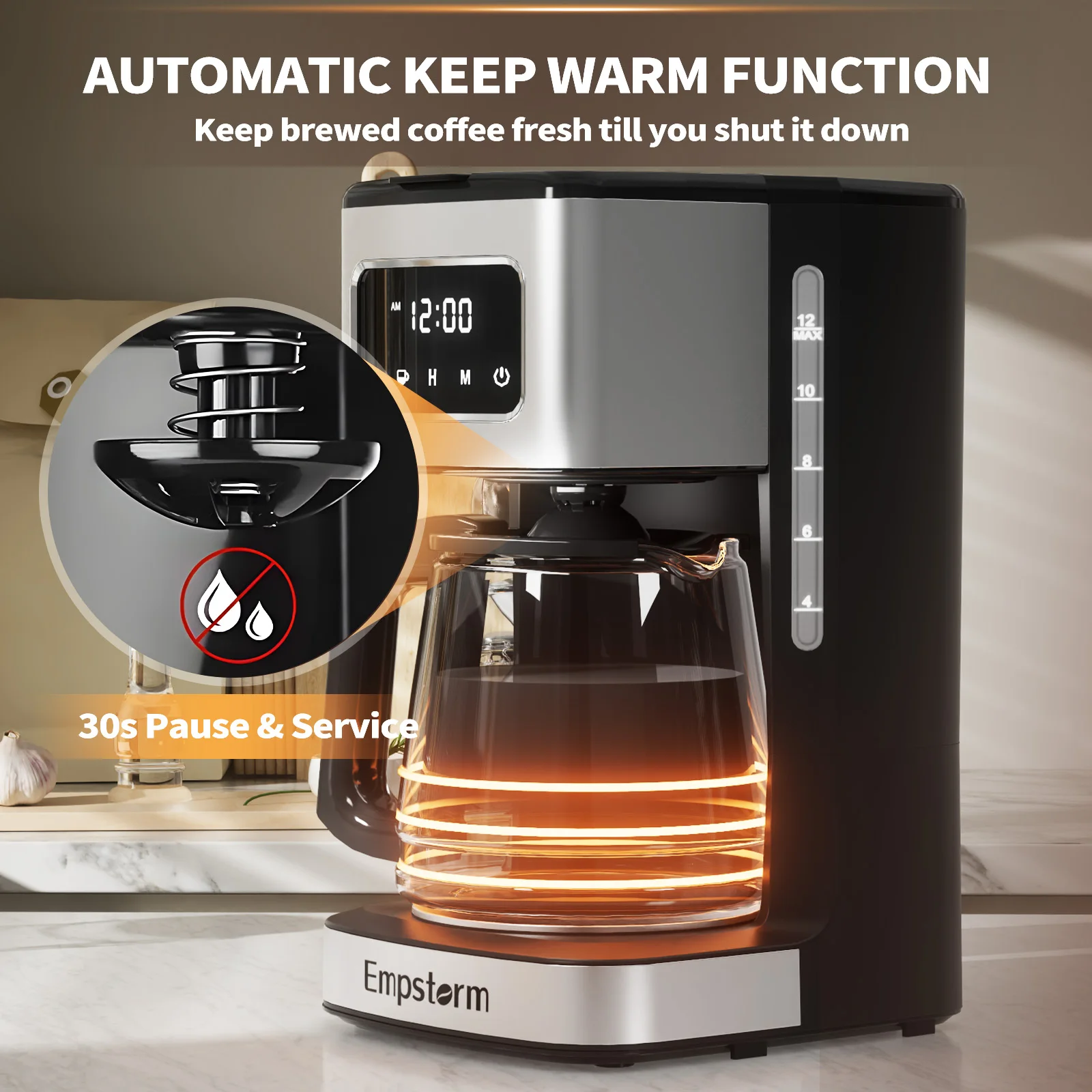 Empstorm 12D Black Drip Cafeteira, Moedor frio inteligente profissional, 1.8L, Novo Design