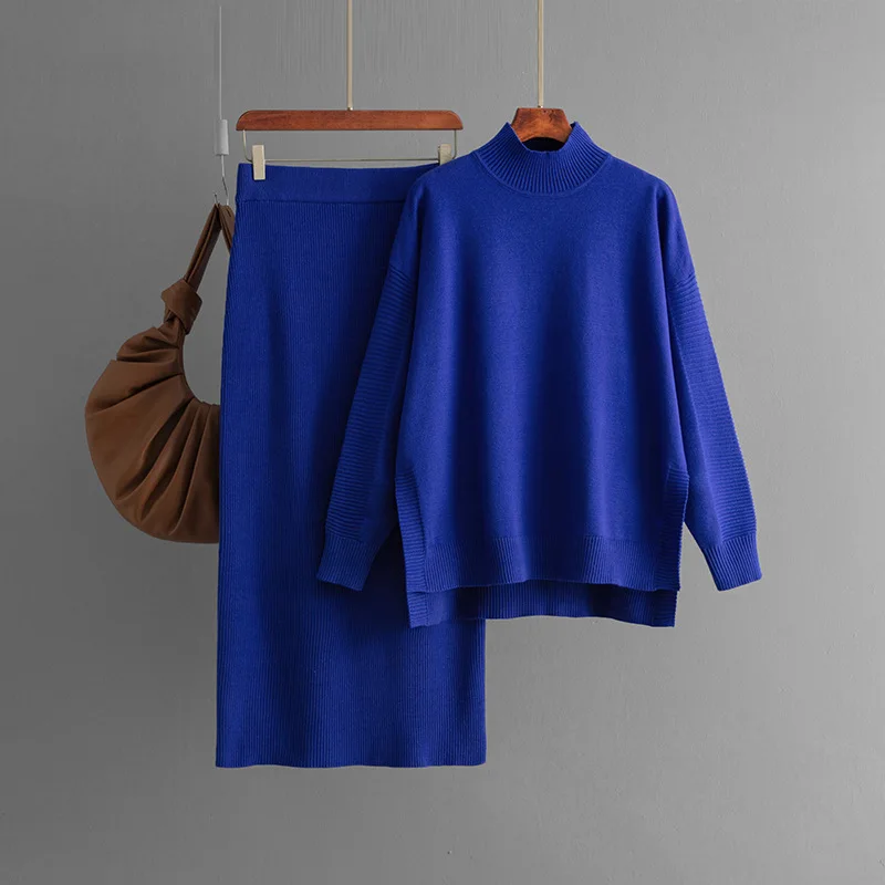 Suéter informal holgado para mujer, conjunto de dos piezas, Top de cuello alto y falda ajustada, moda Otoño Invierno 2025