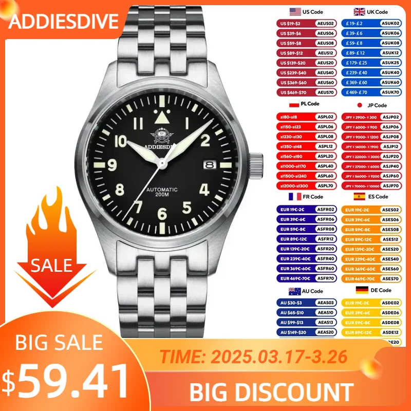 ADDIESDIVE Business MY-H2 Men's Automatic Watches 39mm NH35 Stainless Steel 200M Waterproof Wristwatch Luminous Mechanical Watch