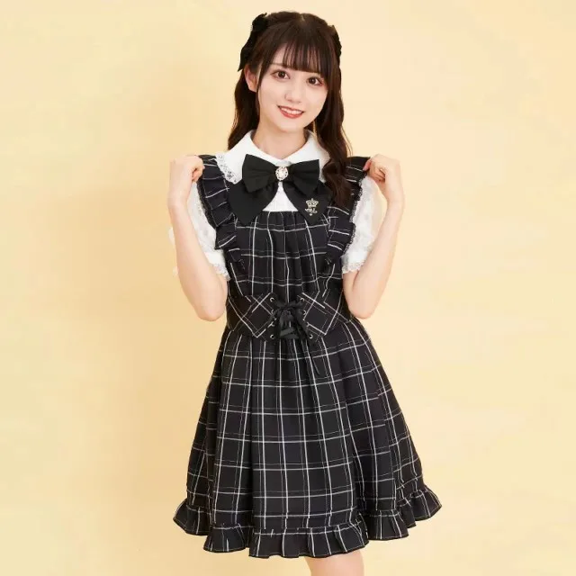 SC Dress Mine Mass-Produced Slimming High Waist Plaid Dress Women Lolita Sweet Elegant Lace Short Sleeve Black Midi Dress Summer