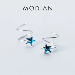 Modian Blue Crystal Geometric Elegant Stars Stud Earrings Fine 925 Sterling Silver Classic Female Accessories Charm Jewelry