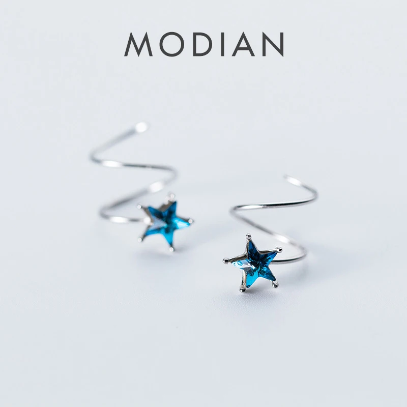 Modian niebieski kryształ wzór geometryczny eleganckie gwiazdy stadniny kolczyki Fine 925 Sterling Silver klasyczne kobiece akcesoria urok biżuteria