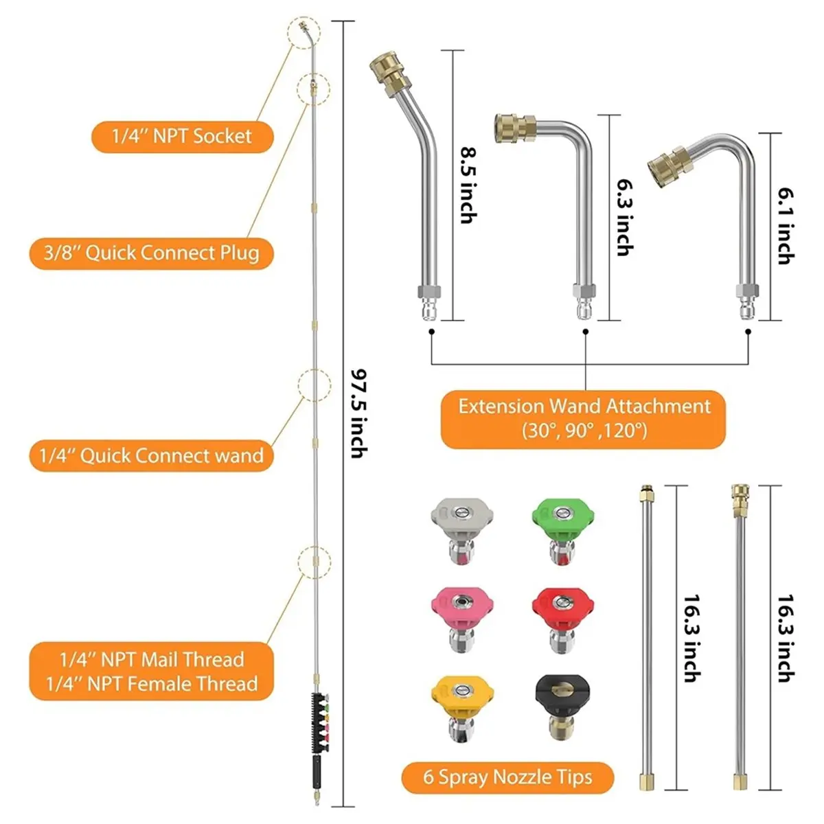 update. 8' Pressure Washer Spray Extension for Gutter Cleaning, Upgraded Pressure Washer Accessories 1/4