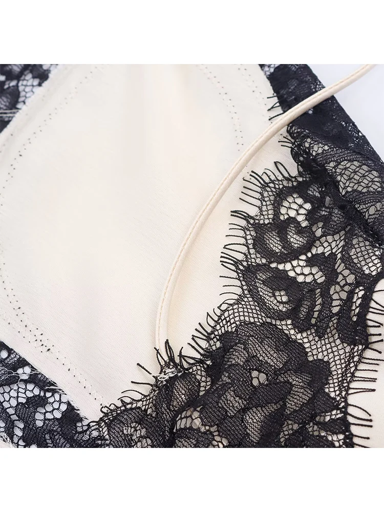 2025 Sexy Women's Hollow Out Lace Spliced Satin Sling Dress Elegant Side Slit Hem Asymmetric Dresses Fashion Backless Outfit