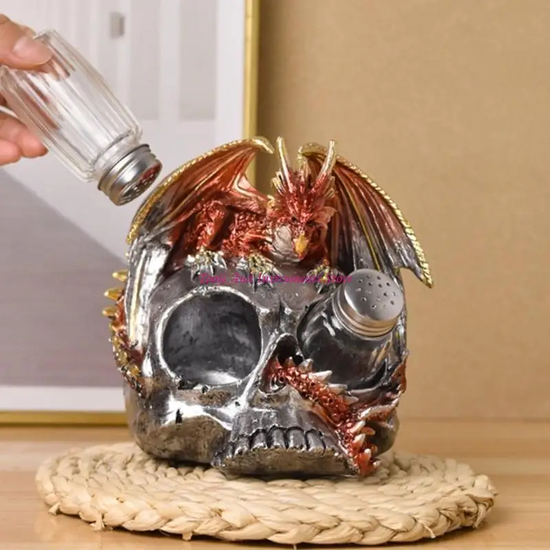 Eerie Halloween Gothic Dragon Skull Resins Statue with Spices Rack Table Decors C7AC