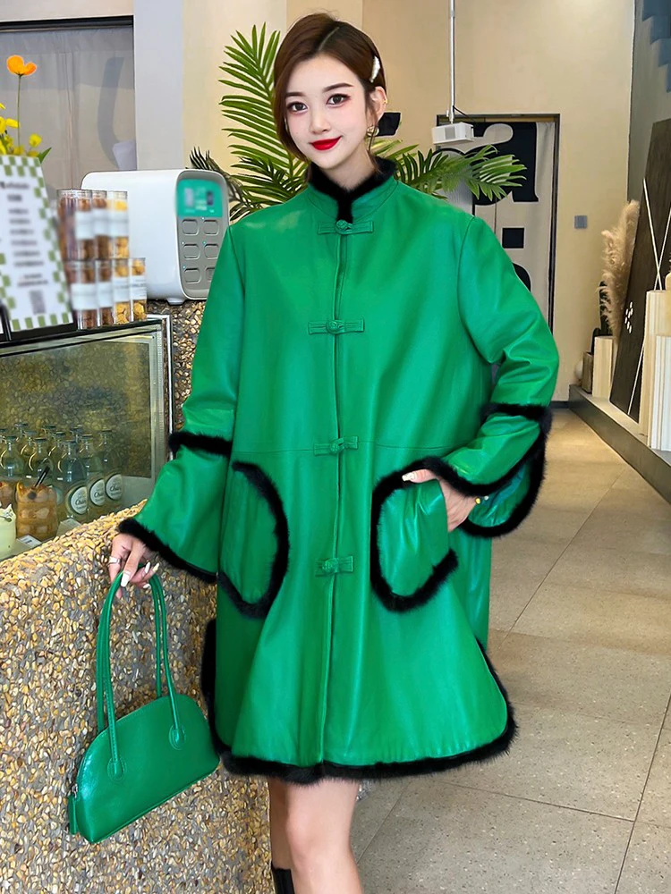 

Осенне-зимнее женское пальто из овчины средней длины на пуговицах в стиле ретро с меховой отделкой Bell Sve Leather Jaet Commute Sle Loose Fit