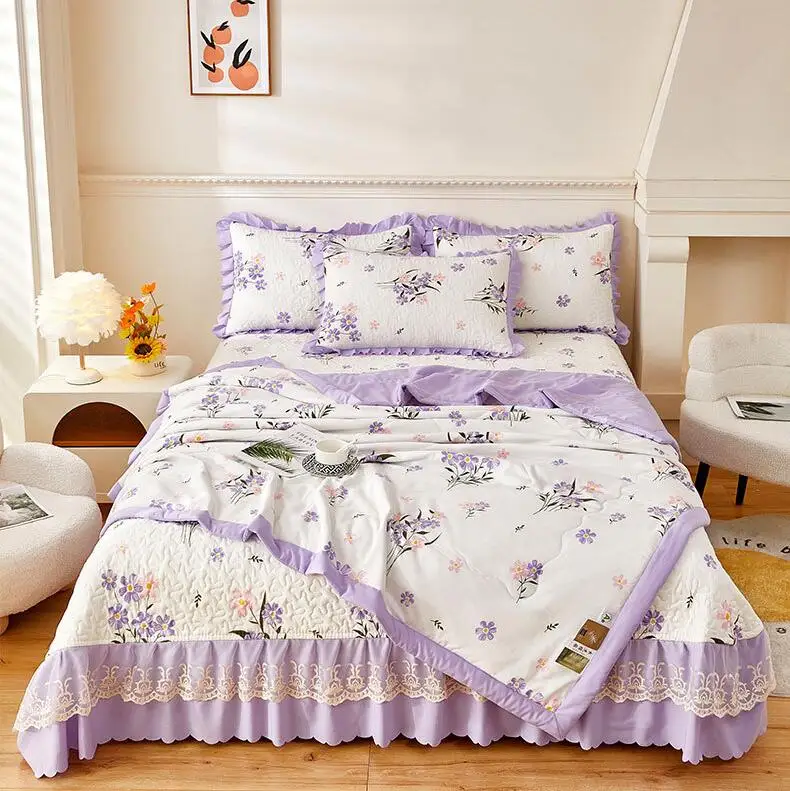 Four piece set of washed cotton and linen summer quilt bed cover Cotton printed four piece set