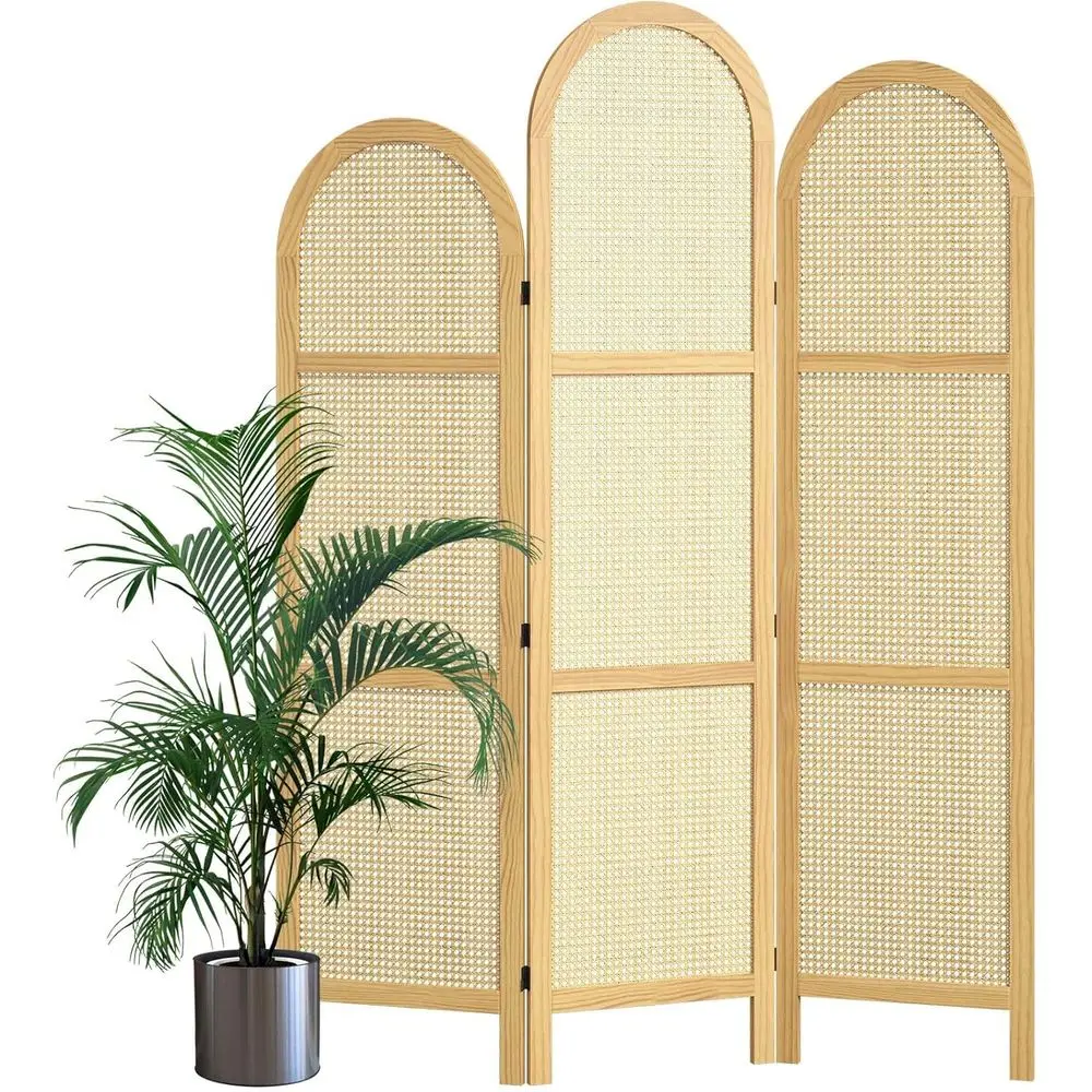 

Natural Wave 3-Panel Rattan Room Divider - Tall Adjustable Privacy Screen with Wooden Legs for Home Office, Bedroom, Bathroom