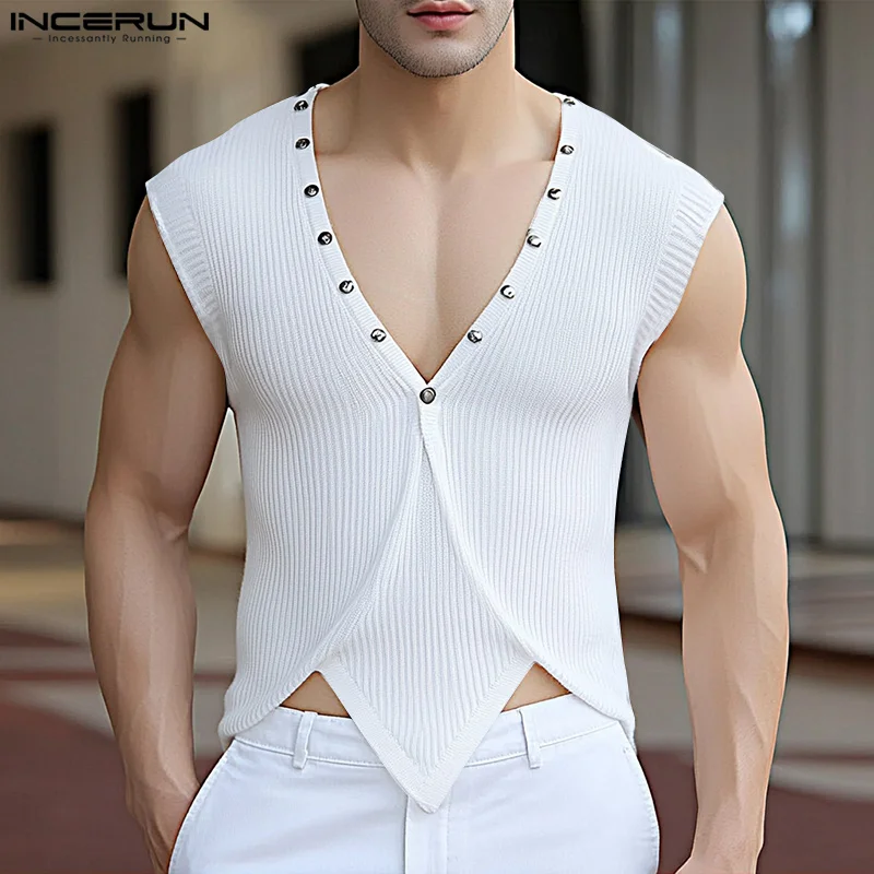 

2025 Men Tank Tops Solid Color V Neck Sleeveless Casual Irregular Vests Streetwear Knitted Summer Stylish Sexy Crop Tops INCERUN